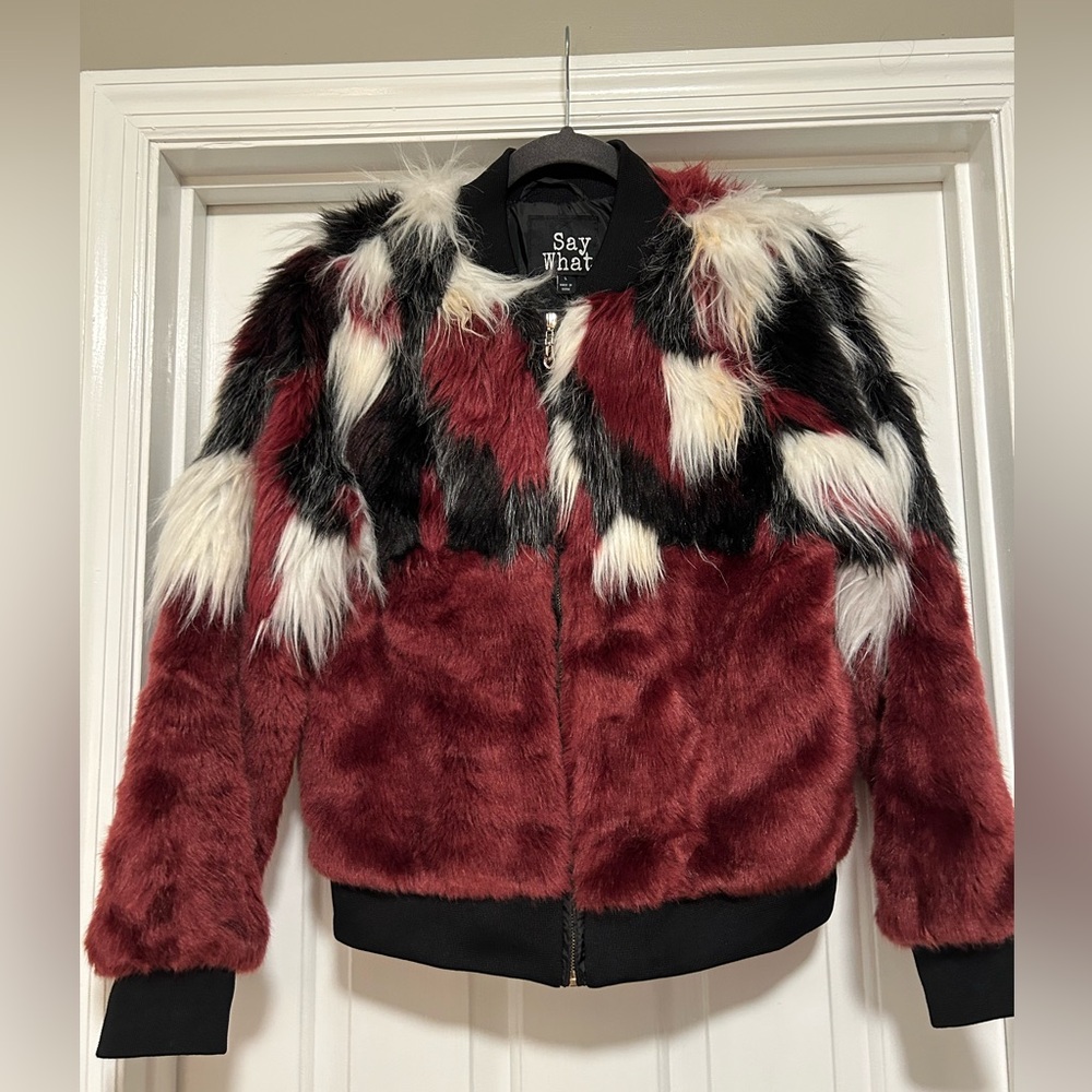 NWT Say What? Junior’s Mixed Faux Fur Bomber Jacket, Tawny Port Combo, L
